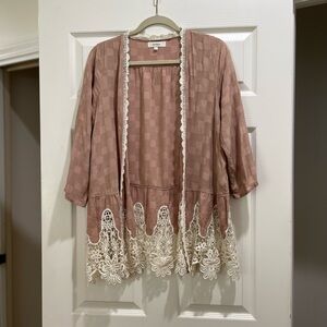 Umgee Mauve Cardigan with White Lace Trim